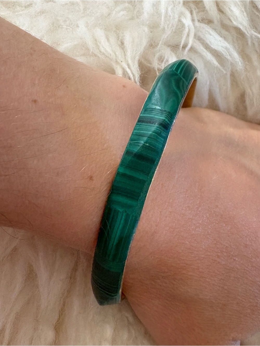 Green Genuine Malachite and Brass Bangle Bracelet Cuff - Natural Precious Stone